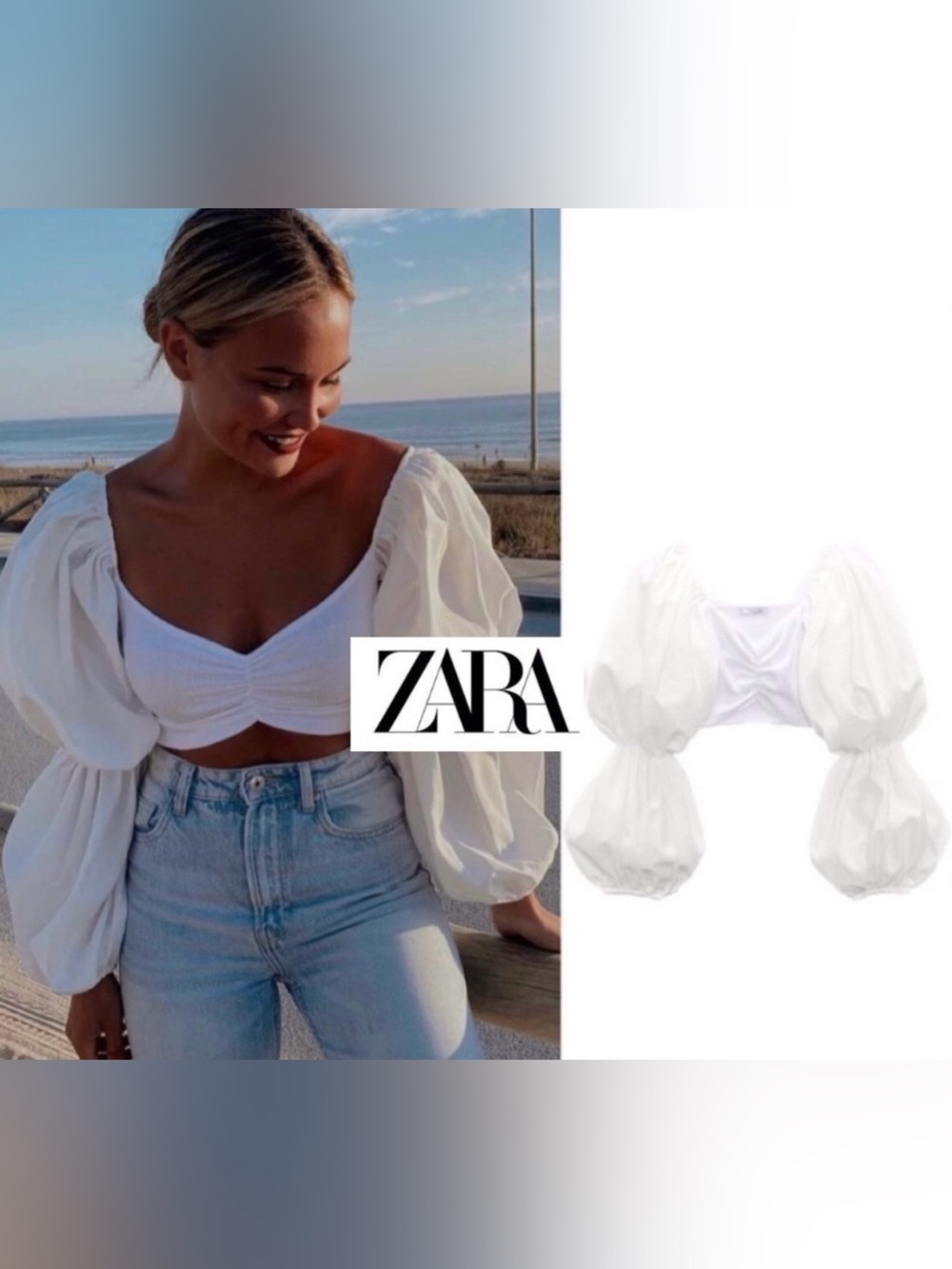 NEW WITH TAG ZARA Puff-Sleeve Cropped Top